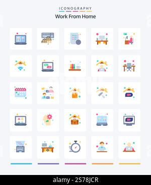 Creative Work From Home 25 Flat icon pack  Such As table. monitor. typing. home work area. task Stock Vector
