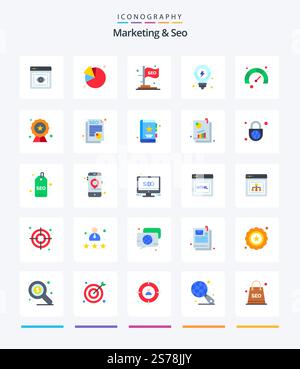 Creative Marketing And Seo 25 Flat icon pack  Such As speed. page. idea. solution. seo Stock Vector