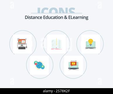 Distance Education And Elearning Flat Icon Pack 5 Icon Design. book. file. tutorial. application. software Stock Vector