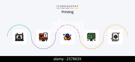 Printing Line Filled Flat 5 Icon Pack Including target. colour. colors. circular. advertising Stock Vector