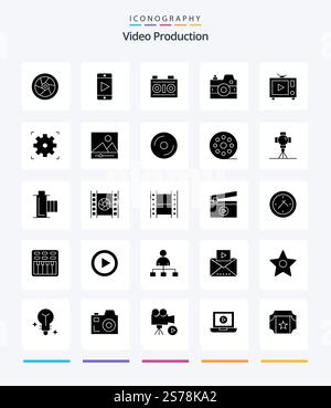 Creative Video Production 25 Glyph Solid Black icon pack  Such As video. tv. video.. photo Stock Vector