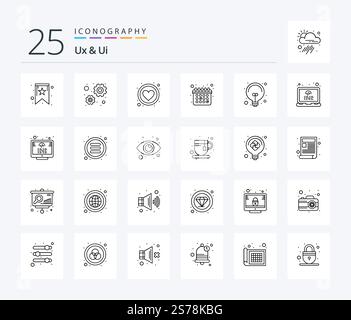 Ux And Ui 25 Line icon pack including coding. light. heart. idea. schedule Stock Vector
