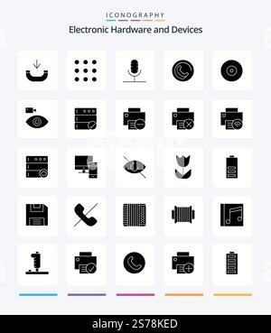 Creative Devices 25 Glyph Solid Black icon pack  Such As cam. disc. mic. blu-ray. phone Stock Vector