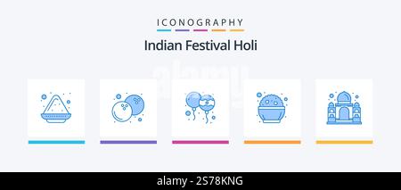 Holi Blue 5 Icon Pack Including taj mahal. building. decoration. phirni. india. Creative Icons Design Stock Vector