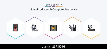 Video Producing And Computer Hardware 25 FilledLine icon pack including equipment. custom. engineering. reapair. processor Stock Vector