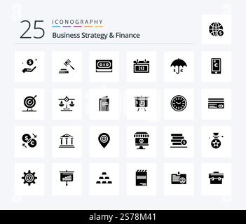 Business Strategy And Finance 25 Solid Glyph icon pack including calendar . note. hammer . currency . money Stock Vector