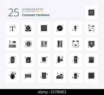 Computer Hardware 25 Solid Glyph icon pack including recorder. microphone. fan. mic. disk Stock Vector