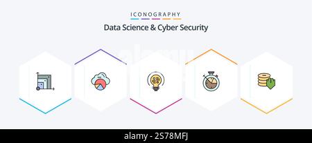 Data Science And Cyber Security 25 FilledLine icon pack including dollar. data scince. data. clock. measure Stock Vector