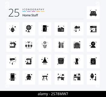 Home Stuff 25 Solid Glyph icon pack including kitchen. image. freezer. picture. camera Stock Vector