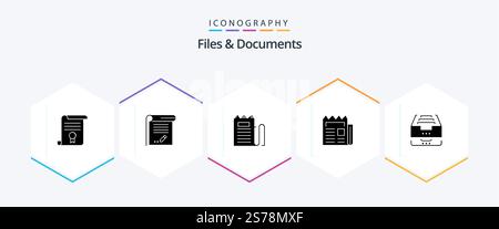 Files And Documents 25 Glyph icon pack including newsletter. media. note. price. invoice Stock Vector