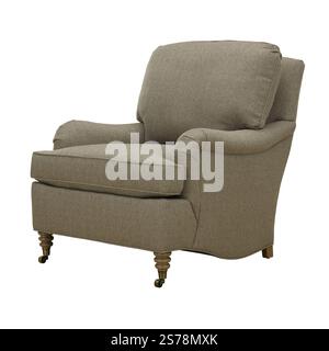 A modern armchair with wooden legs + clipping path. The chair is isolated on a white background. Stock Photo