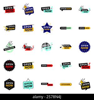 Open now graphics pack with 25 different design elements Stock Vector