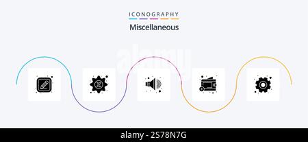 Miscellaneous Glyph 5 Icon Pack Including settings. money. speaker. cash. add Stock Vector