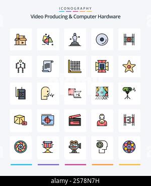 Creative Video Producing And Computer Hardware 25 Line FIlled icon pack  Such As media. disk. motion. trophy. oscar Stock Vector