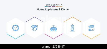 Home Appliances And Kitchen 25 Blue icon pack including gas. heat. game. water. play station Stock Vector