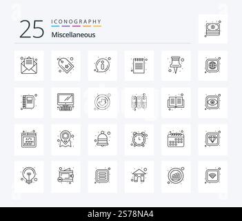 Miscellaneous 25 Line icon pack including pin. about. notepad. book Stock Vector