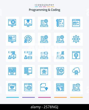 Creative Programming And Coding 25 Blue icon pack  Such As coding. app. development. js. develop Stock Vector