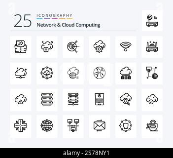 Network And Cloud Computing 25 Line icon pack including electronic. wireless. disk. wifi. technology Stock Vector