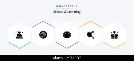 School And Learning 25 Glyph icon pack including . box. hemisphere. bulb. graduation Stock Vector