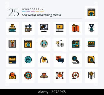 Seo Web And Advertising Media 25 Line Filled icon pack including map. audio. speaker. player. voice Stock Vector