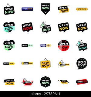Open now graphics pack with 25 different design elements Stock Vector