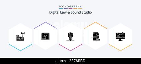 Digital Law And Sound Studio 25 Glyph icon pack including digital. business. domain. idea. fail Stock Vector