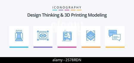 Design Thinking And D Printing Modeling Blue 5 Icon Pack Including message . chat. printer. server. object. Creative Icons Design Stock Vector