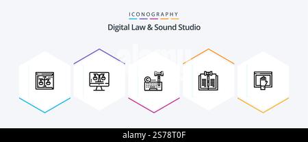 Digital Law And Sound Studio 25 Line icon pack including law. copyright. screen. business. law Stock Vector