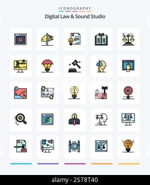 Creative Digital Law And Sound Studio 25 Line FIlled icon pack  Such As digital. business. insight. law. digital Stock Vector