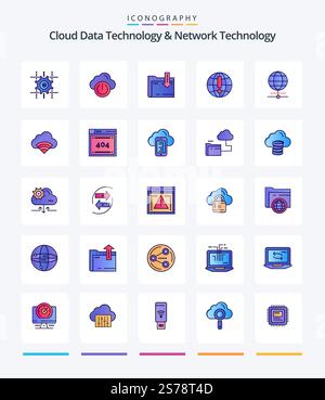 Creative Cloud Data Technology And Network Technology 25 Line FIlled icon pack  Such As connection. world. folder. browser . globe Stock Vector