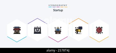 Startup 25 FilledLine icon pack including goal. play. applicant. megaphone. advertising Stock Vector