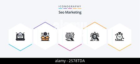 Seo Marketing 25 FilledLine icon pack including target. search. gear. security. research Stock Vector