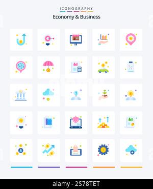 Creative Economy And Business 25 Flat icon pack  Such As development. hand. market. data. analysis Stock Vector