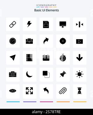 Creative Basic Ui Elements 25 Glyph Solid Black icon pack  Such As back. play. memory card. hardware. monitor Stock Vector