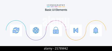 Basic Ui Elements Blue 5 Icon Pack Including bell. start. unlock. media. beginning Stock Vector