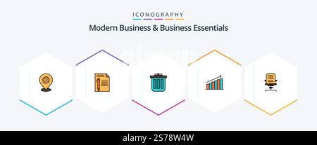 Modern Business And Business Essentials 25 FilledLine icon pack including can. basket. document. trash. pencil Stock Vector