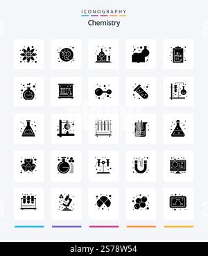 Creative Chemistry 25 Glyph Solid Black icon pack  Such As formula. learning chemistry. chemistry. chemistry education. chemical knowledge Stock Vector