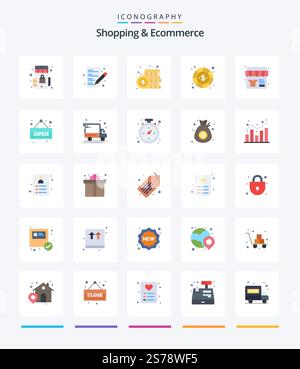 Creative Shopping & Ecommerce 25 Flat icon pack  Such As open. shopping. coin. shop. payment Stock Vector