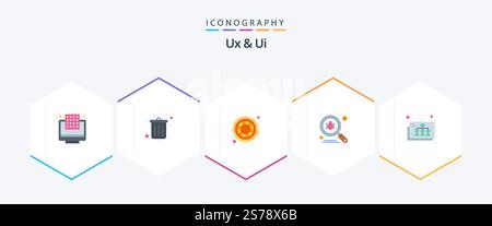 Ux And Ui 25 Flat icon pack including site map. map. color. virus. scan Stock Vector