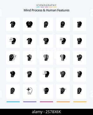 Creative Mind Process And Human Features 25 Glyph Solid Black icon pack  Such As love. setting. learning. mind. brain Stock Vector