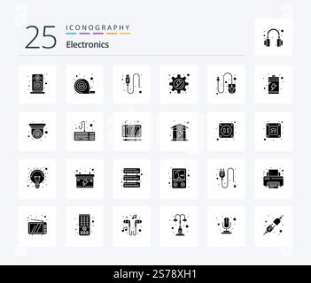Electronics 25 Solid Glyph icon pack including charge. scroll. usb. mouse. process Stock Vector