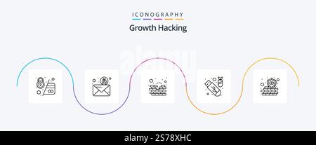 Hacking Line 5 Icon Pack Including ddos. attack. spam. usb. firewall Stock Vector