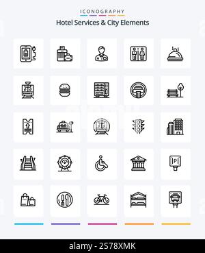 Creative Hotel Services And City Elements 25 OutLine icon pack  Such As hotel . machine. bellboy. elevator. service Stock Vector
