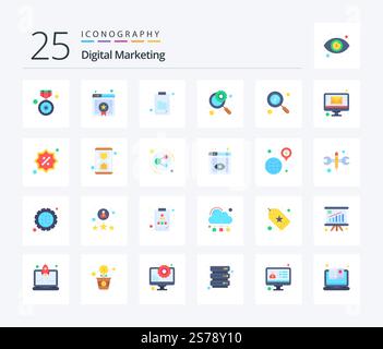 Digital Marketing 25 Flat Color icon pack including research. search. clipboard. management. glass Stock Vector