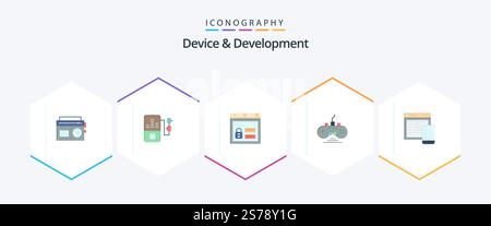 Device And Development 25 Flat icon pack including website. responsive. web . game pad. game Stock Vector