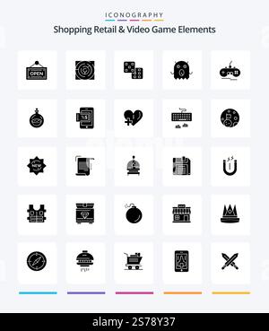 Creative Shoping Retail And Video Game Elements 25 Glyph Solid Black icon pack  Such As gamepad. wireless. dice. joystick. alien Stock Vector