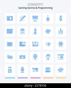 Creative Gaming Genres And Programming 25 Blue icon pack  Such As gaming. arcade. game. progress. function Stock Vector