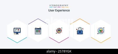 User Experience 25 FilledLine icon pack including color. security. wire framing. unlock. pad Stock Vector