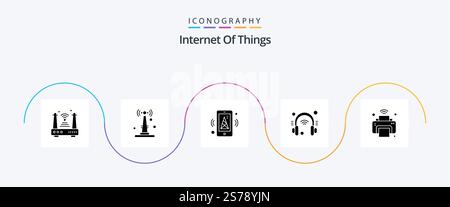 Internet Of Things Glyph 5 Icon Pack Including printer. internet. things. helpdesk. mobile Stock Vector