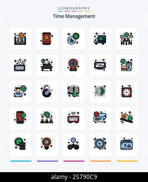 Creative Time Management 25 Line FIlled icon pack  Such As time. dinner. tea. couple. time Stock Vector